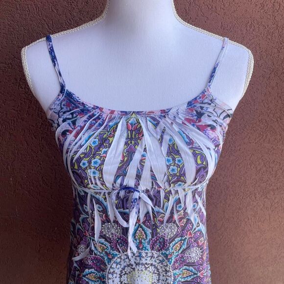 Y2K Purple/Blue Americana Tattoo Art Block Print Bedazled Mandala Mini Dress - Picture 2 of 8